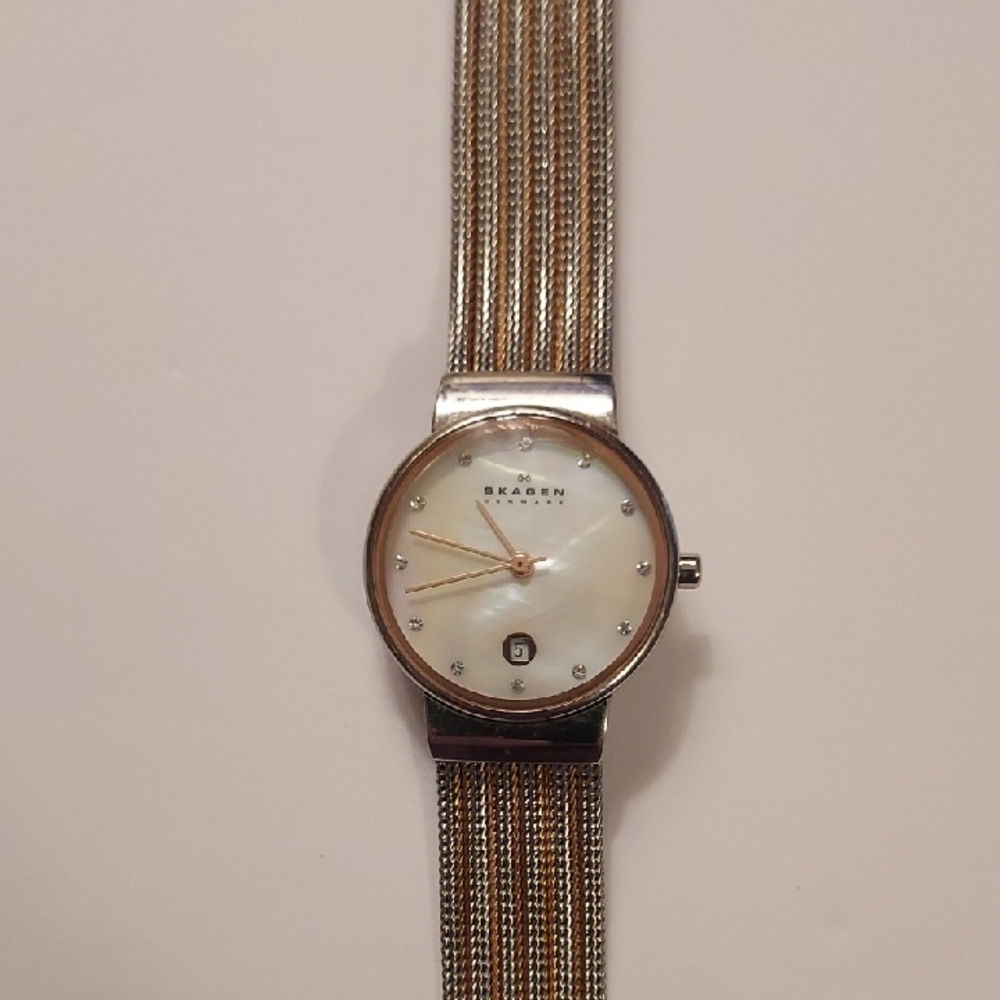 Skagen Denmark Two Tone Mesh Band Watch Mother of Pearl Face Minimalist